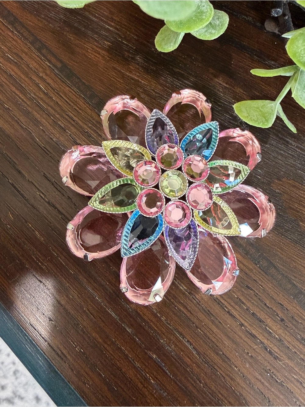 Multicolor Crystal Flower Brooch Pin- Pink Yellow Blue Purple Accent